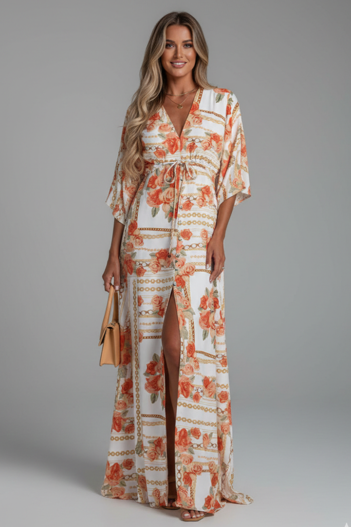Bohemian print maxi dress in apricot floral print with V neckline