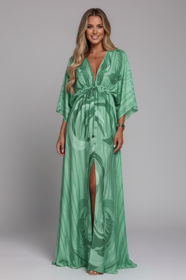 Bohemian print maxi dress in light green tonal print with V neckline