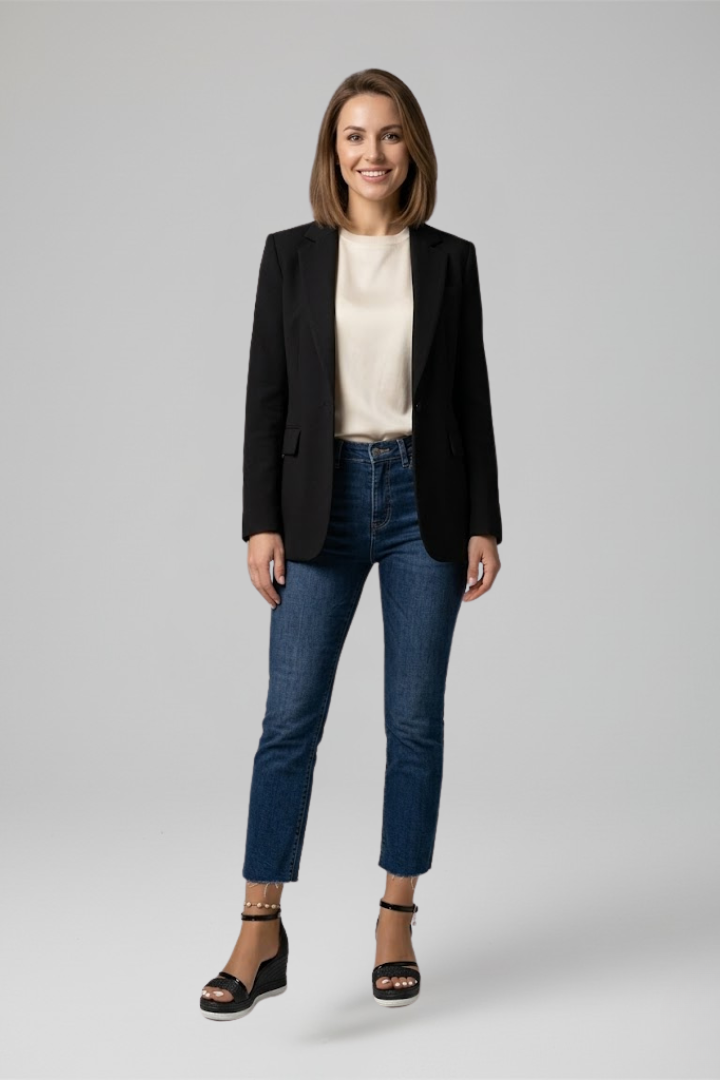 Woman wearing cushioned orthopedic sandals with jeans and a black blazer