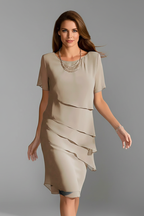 Khaki layered short sleeve dress with straight knee-length hem, front view