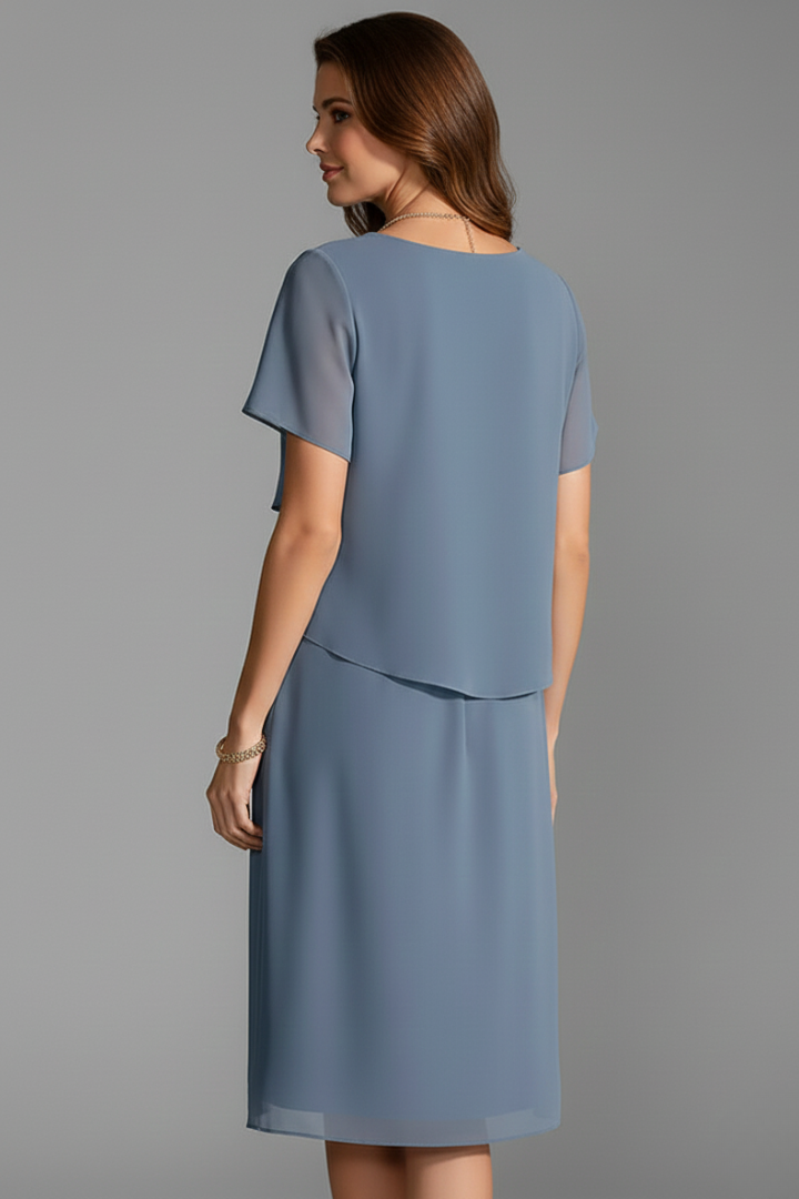 Back view of a blue layered short sleeve dress