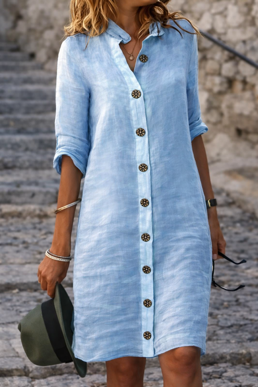Women's button front shirt dress with half sleeves in Blue