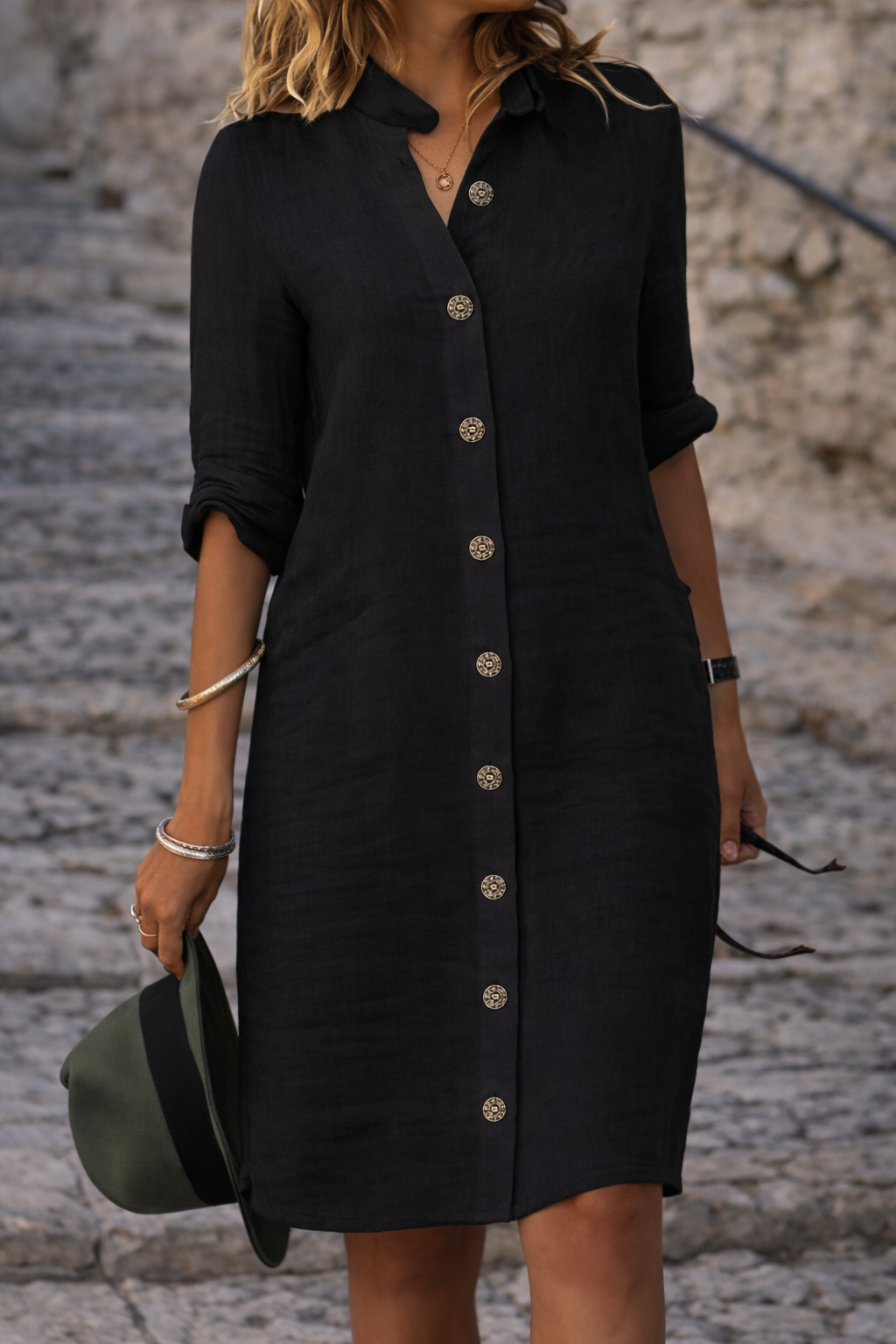 Women's button front shirt dress with half sleeves in Black