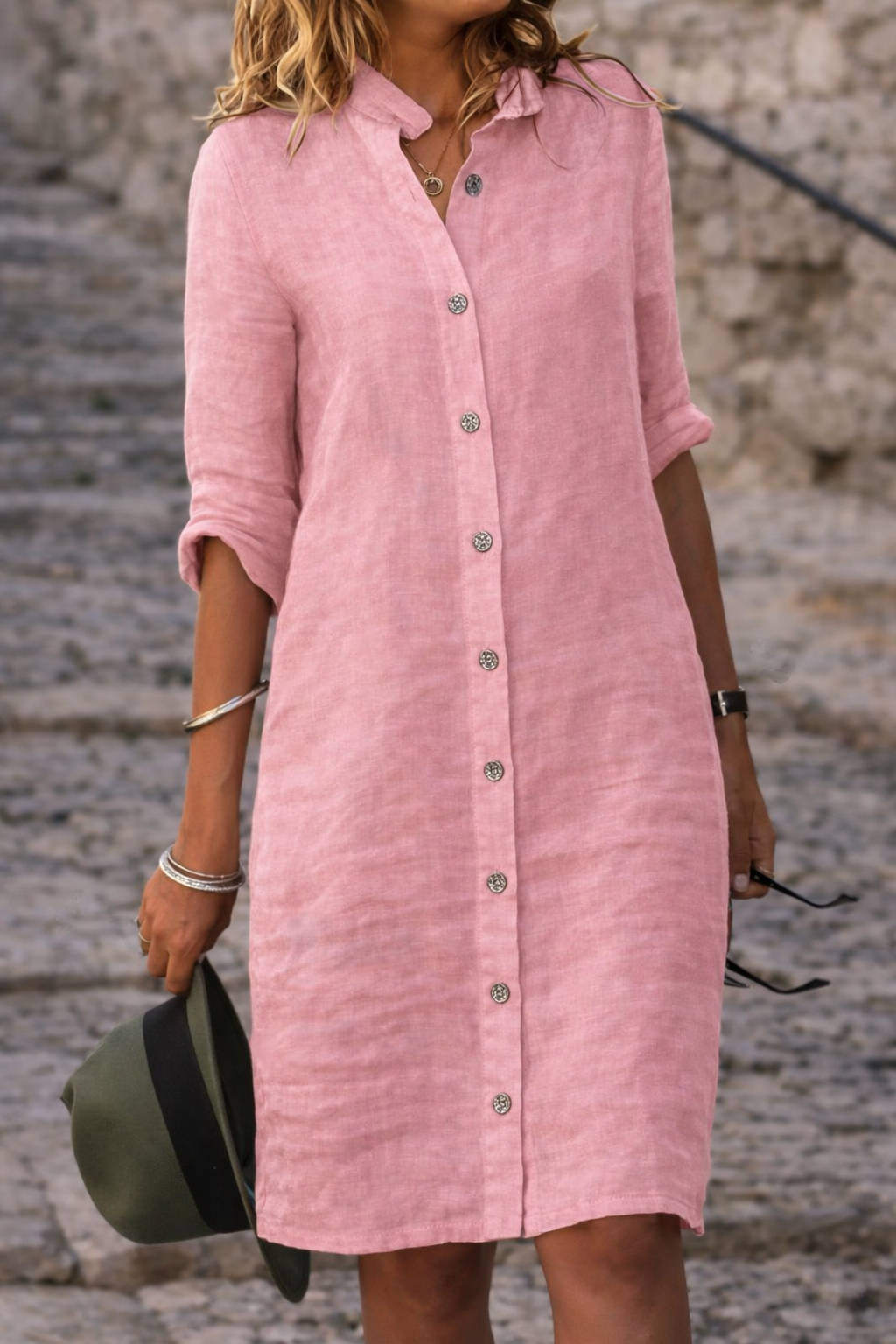 Women's button front shirt dress with half sleeves in Pink