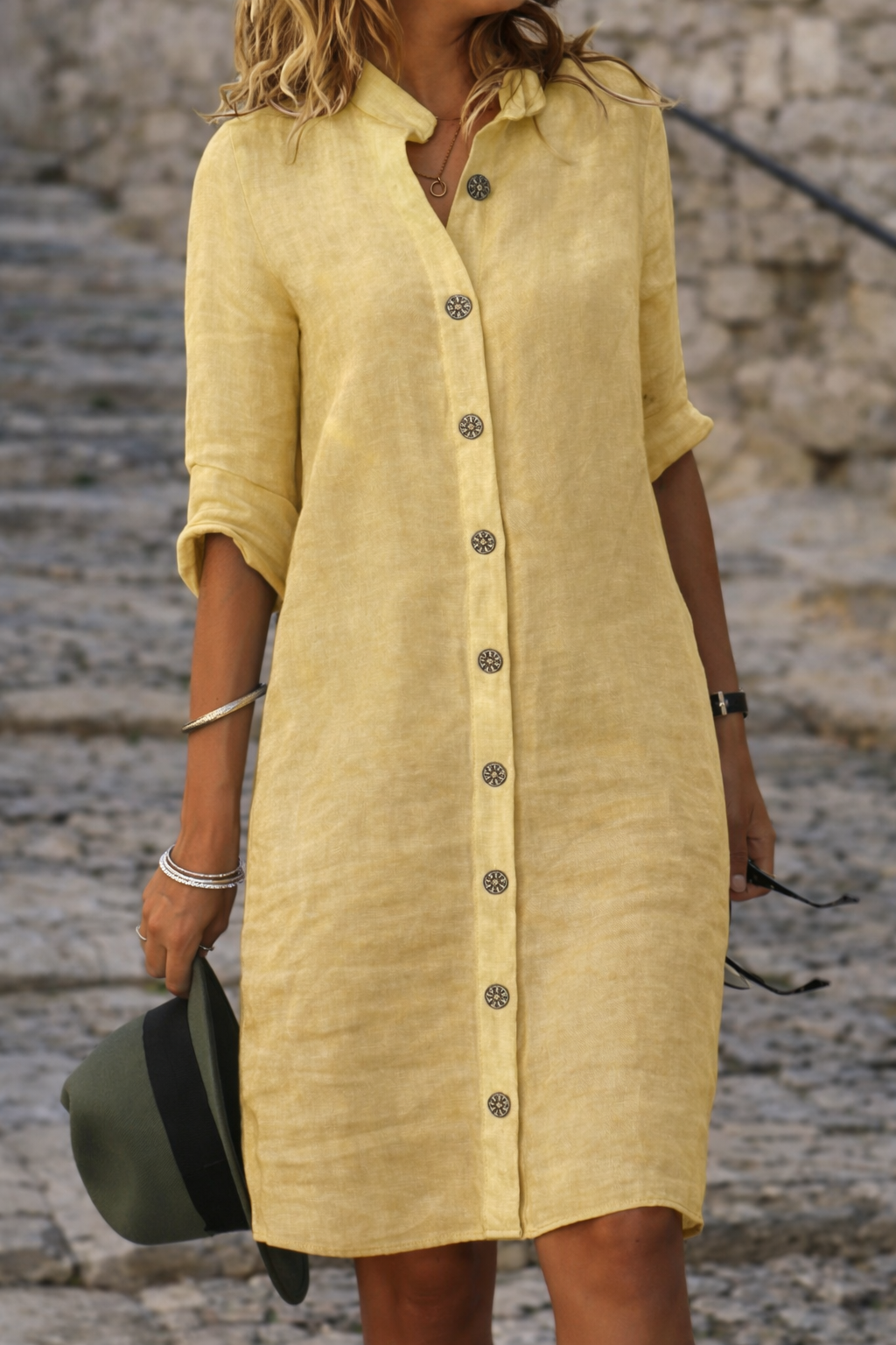 Women's button front shirt dress with half sleeves in Yellow