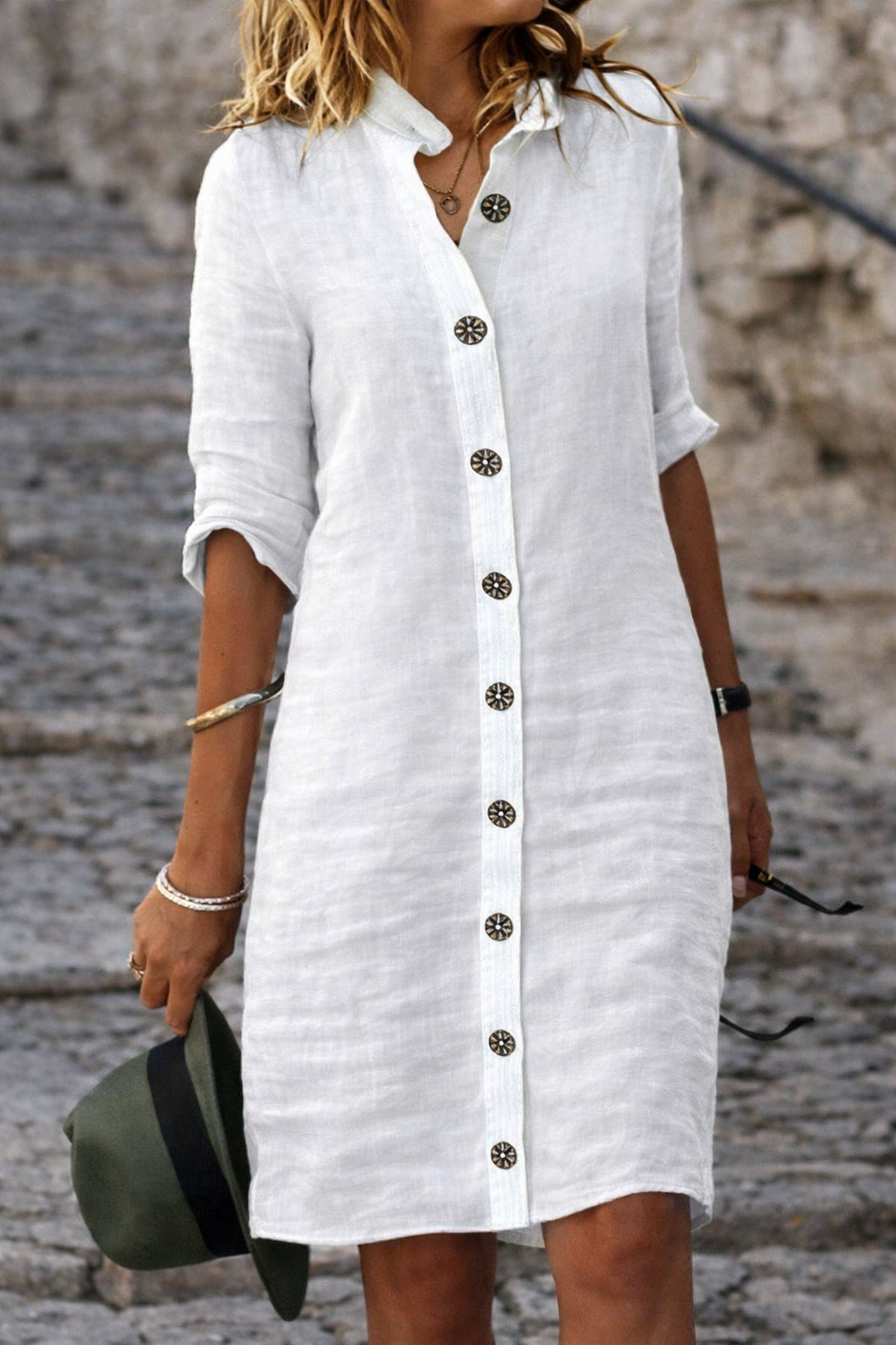 Women's button front shirt dress with half sleeves in White
