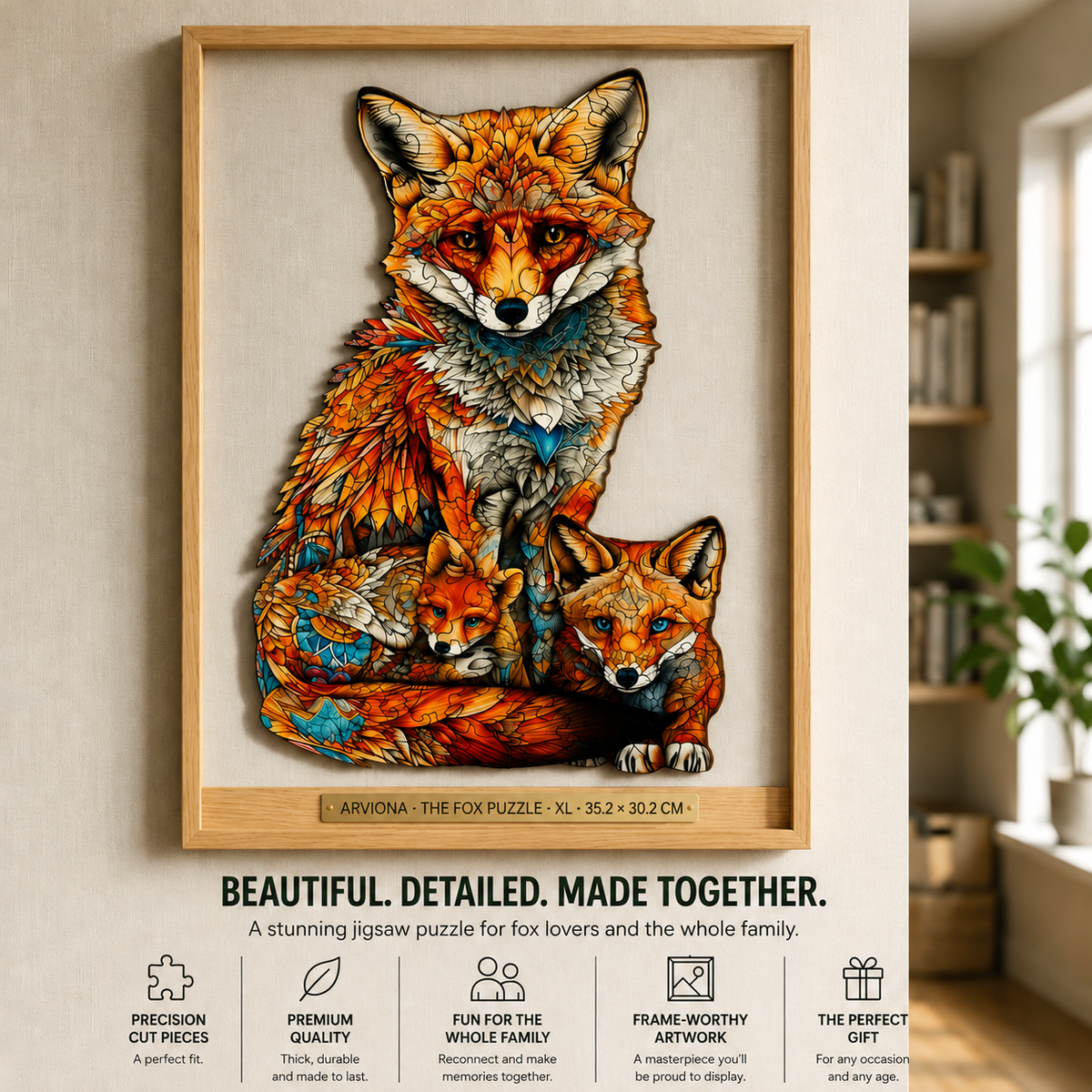 Framed Arviona fox wooden art puzzle in XL size 35.2 × 30.2 cm