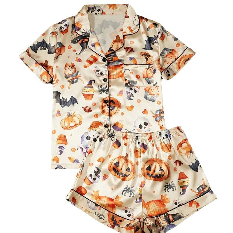 Womens Halloween pyjama set in beige pumpkin print, front view