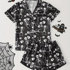 Womens Halloween pyjama set with black skull print, front view