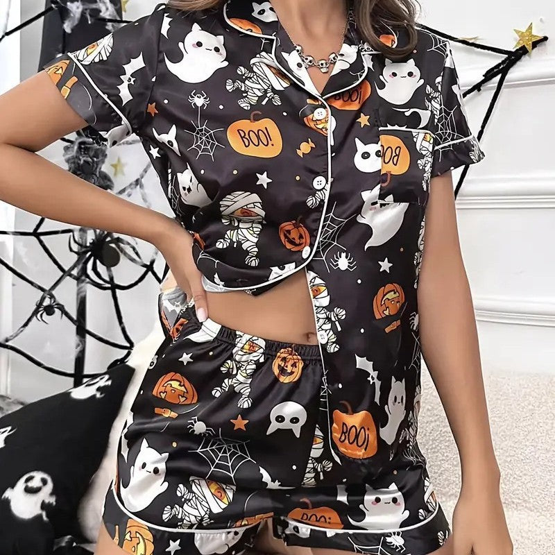 Womens Halloween pyjamas in black ghost and cat print, short-sleeve top and shorts