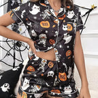 Womens Halloween pyjamas in black ghost and cat print, short-sleeve top and shorts