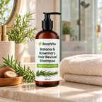 RosaVita 200 ml Batana and rosemary shampoo in a bright natural bathroom