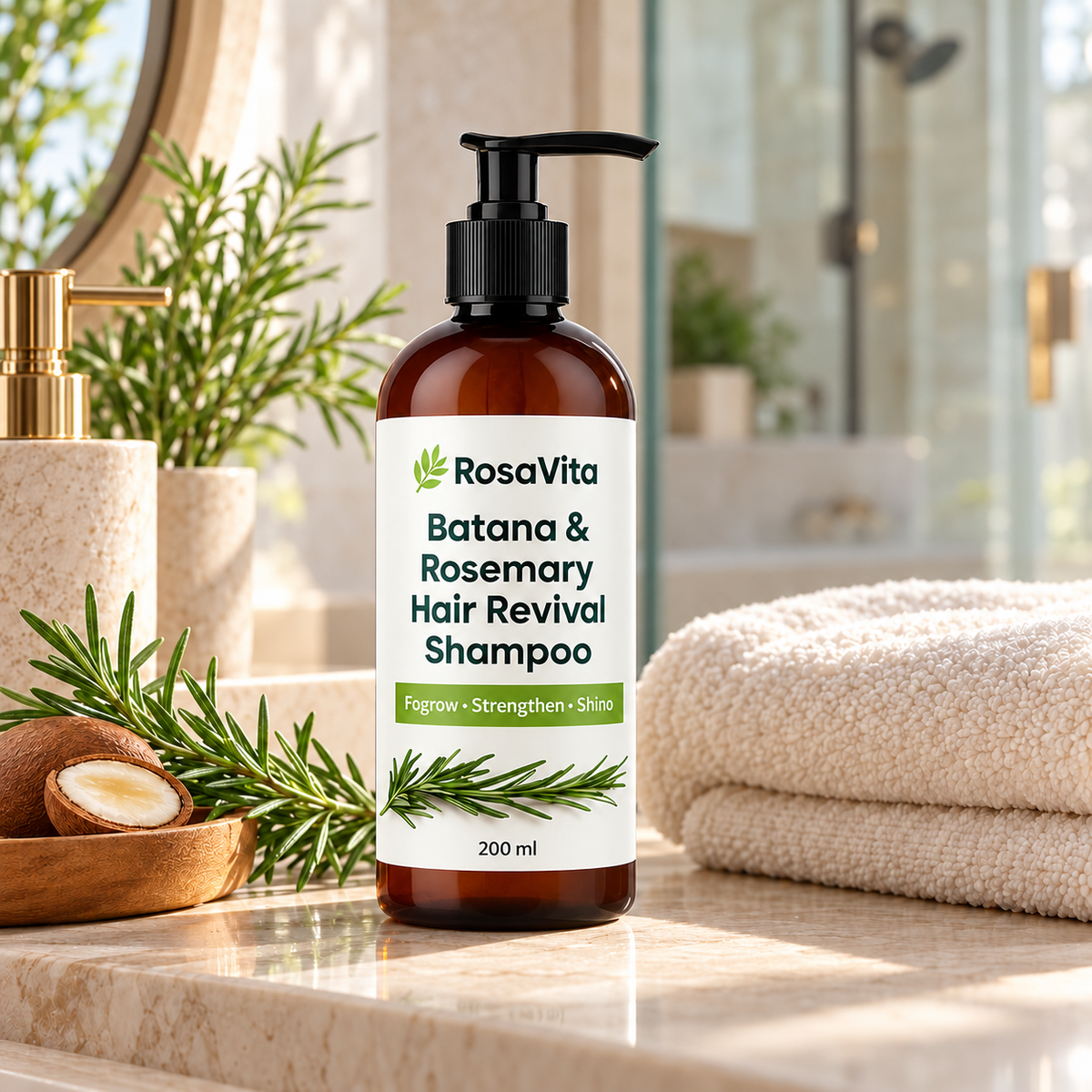 RosaVita 200 ml Batana and rosemary shampoo in a bright natural bathroom