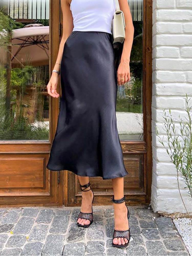 Satin Midi Skirt - Black