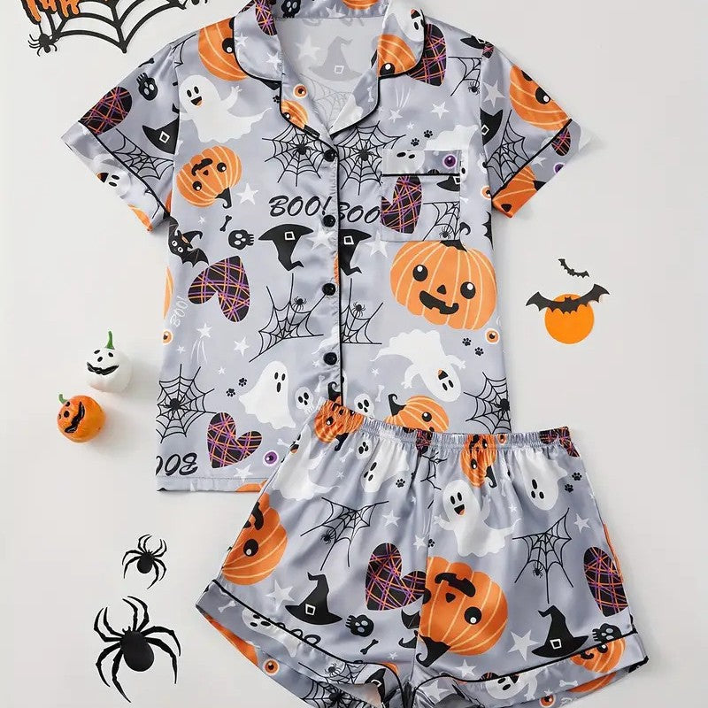 Womens Halloween pyjama set with pumpkin and spider print, detail view