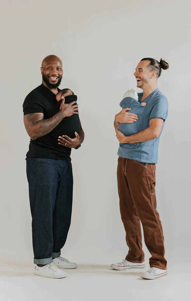 Parents wearing Black and Grey CuddleNest kangaroo shirts