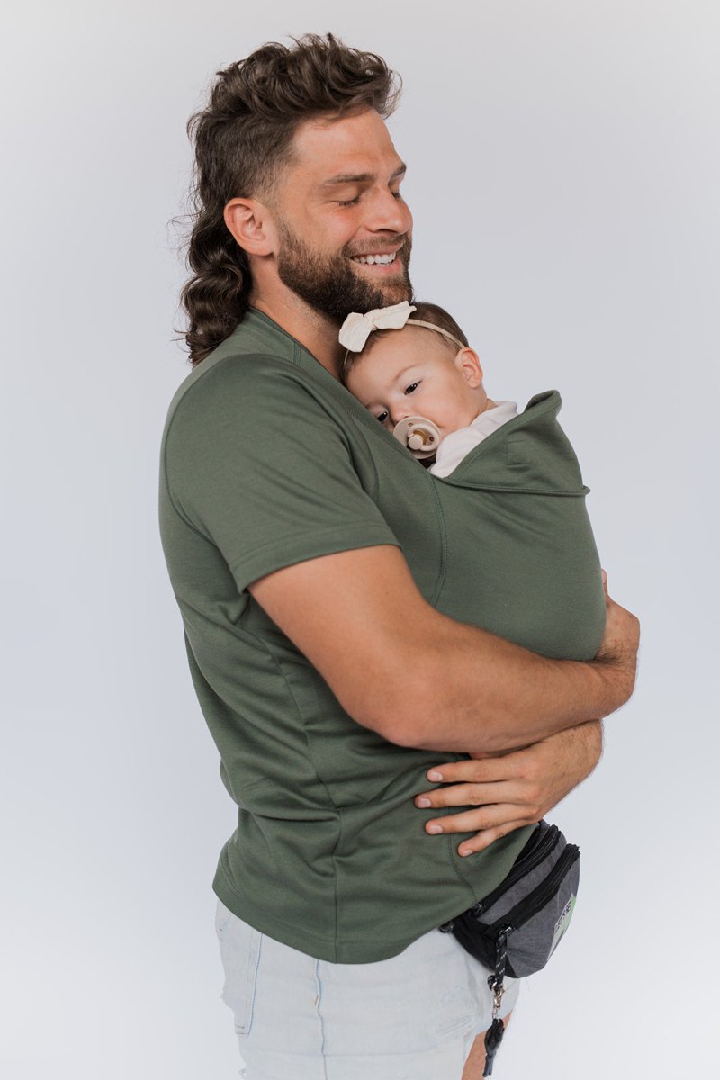 Man wearing the Army Green CuddleNest kangaroo shirt