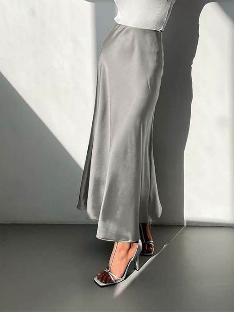 Satin Midi Skirt - Grey