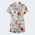 Womens Halloween pyjama set with pumpkin and ghost print, front view