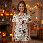 Womens Halloween pyjamas in White Pumpkin print, short-sleeve top and matching shorts
