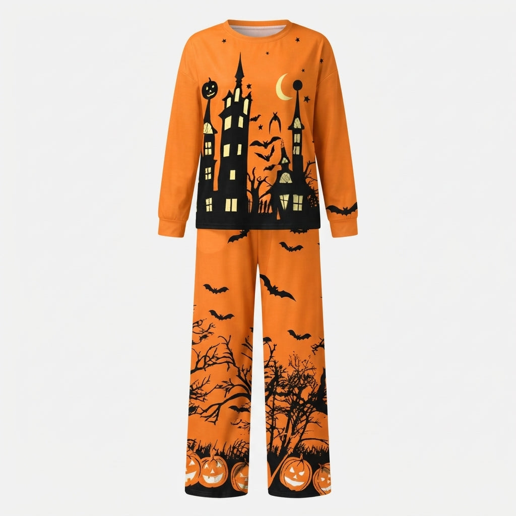 Haunted Manor Halloween pyjama set in orange, long sleeve top and wide-leg pants laid flat