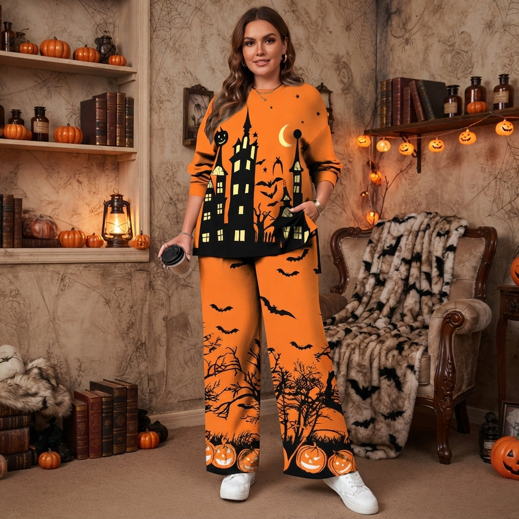 Haunted Manor Halloween pyjama set in orange, model front view