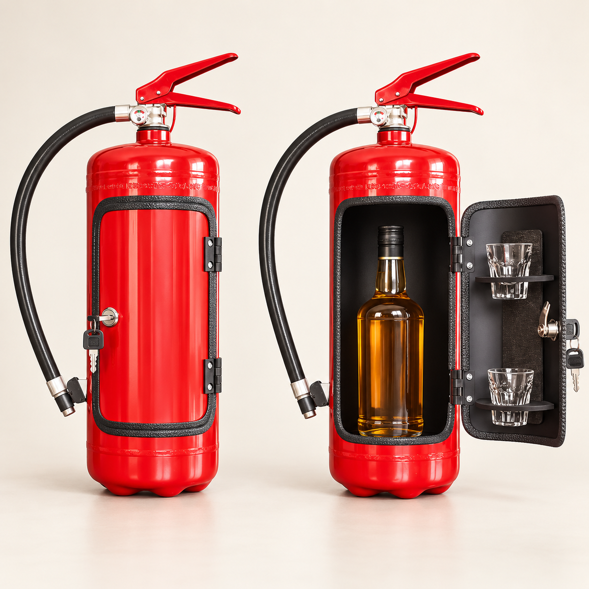 Red FireVault hidden drink fire bar shown closed and open