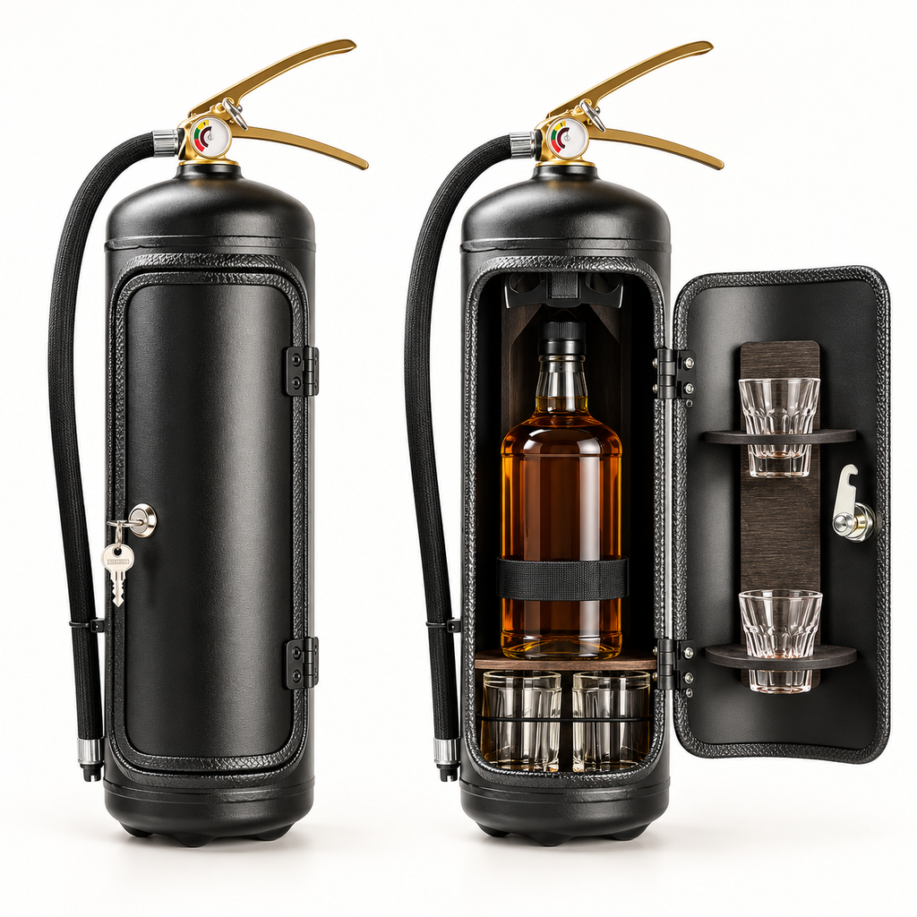 Black FireVault hidden drink fire bar shown closed and open