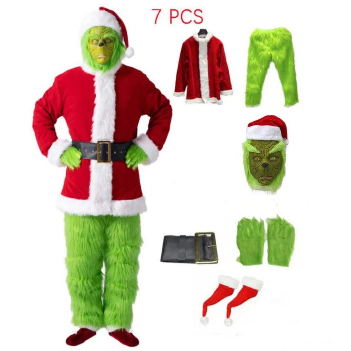 Seven-piece green Christmas costume set with accessories