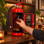 Red FireVault hidden drink bar open in a home entertaining space