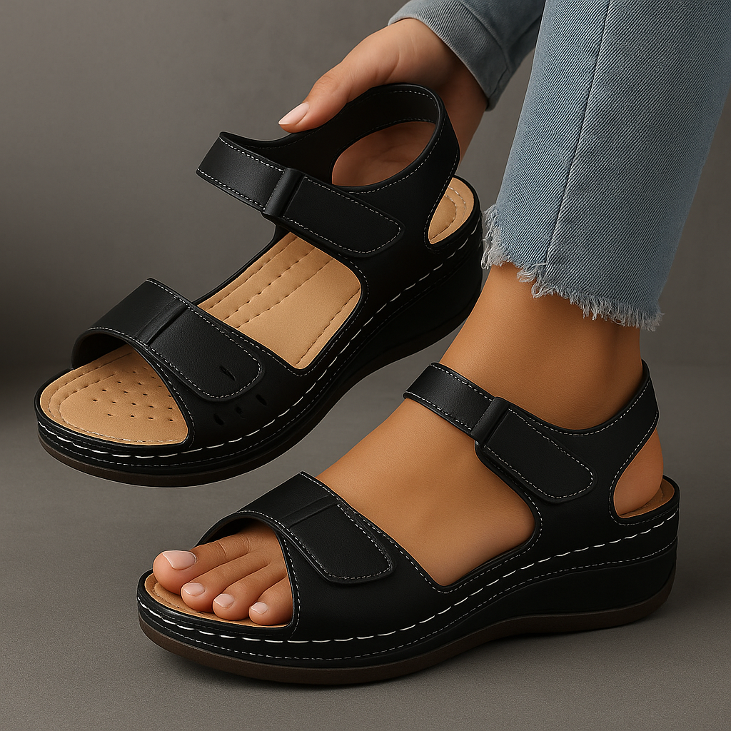 Black Solevia adjustable comfort wedge sandals