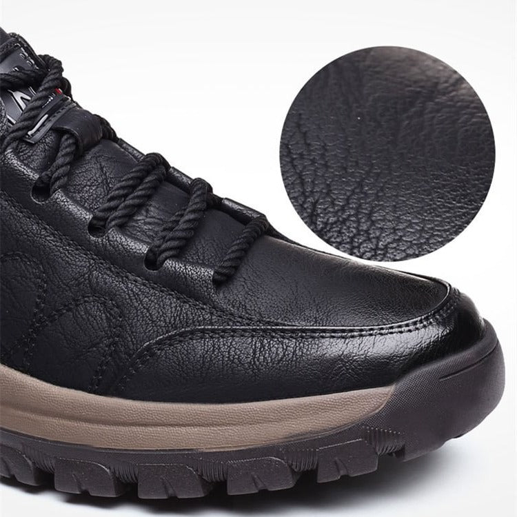 Close-up of black upper and sole on men's arch support shoes