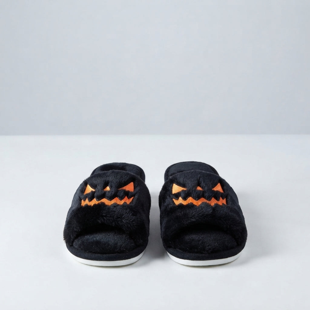 Pair of black plush Halloween slippers with orange jack-o'-lantern face