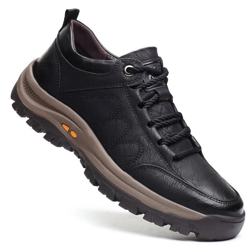 Men's black arch support shoes, angled view