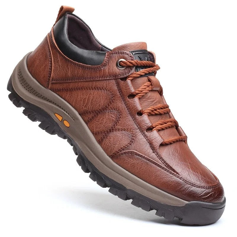 Men's brown arch support shoes, angled view