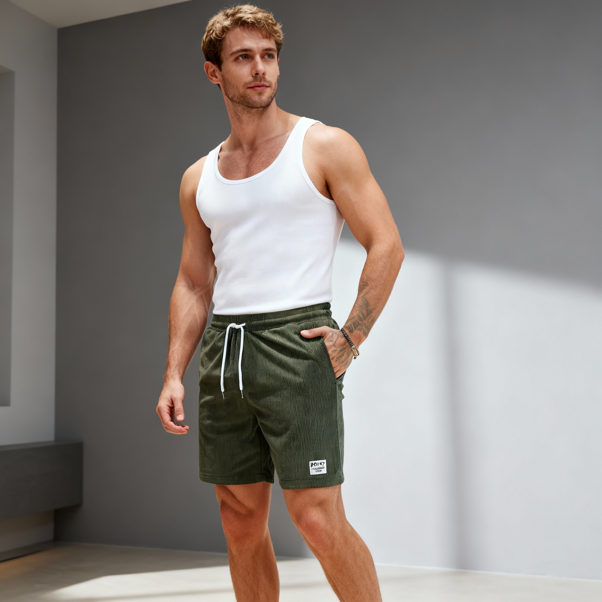 Men's swim shorts in Green with elastic waist, full length