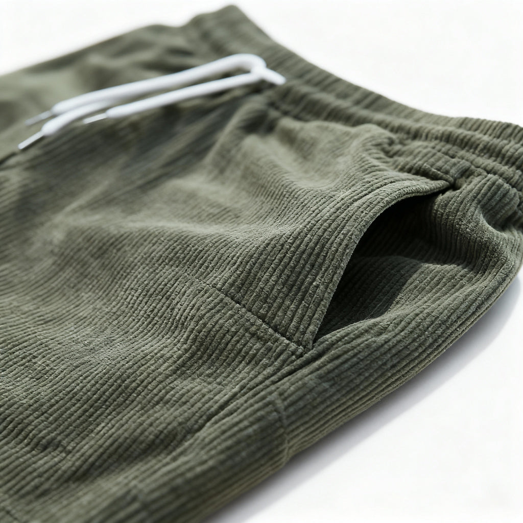 Green swim shorts side pocket, close-up