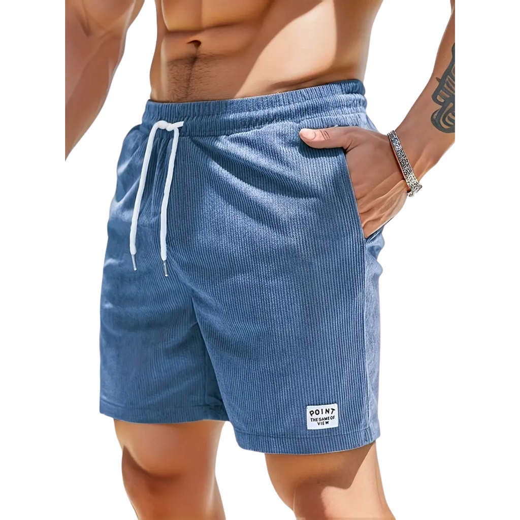 Blue swim shorts elastic waist and drawcord, detail