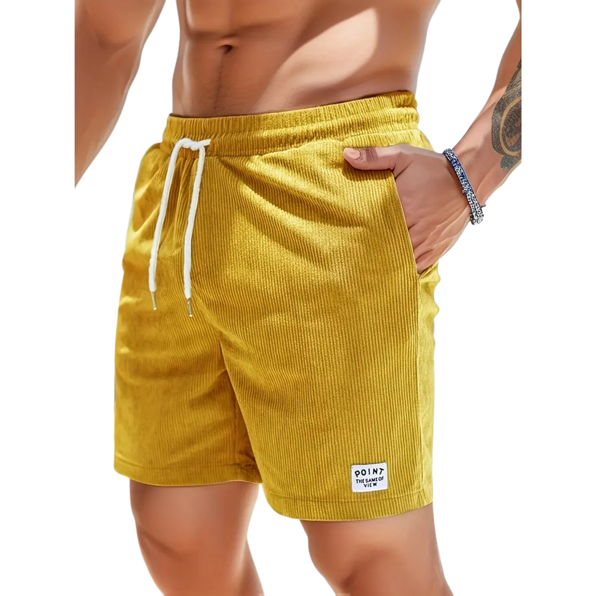 Yellow swim shorts elastic waist and drawcord, detail