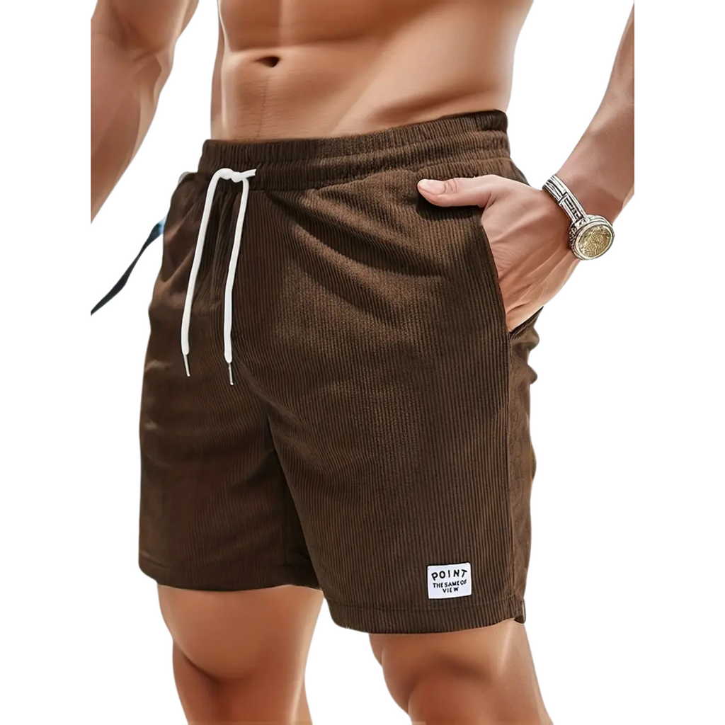 Brown swim shorts elastic waist and drawcord, detail