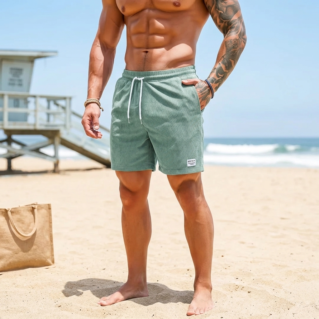 Men's swim shorts in Cyan on the beach