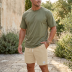 Men's swim shorts in Beige with a relaxed t-shirt