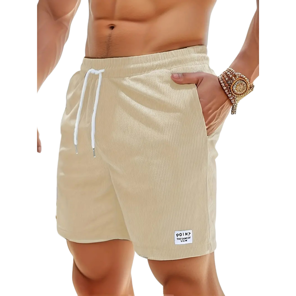 Beige swim shorts elastic waist and drawcord, detail