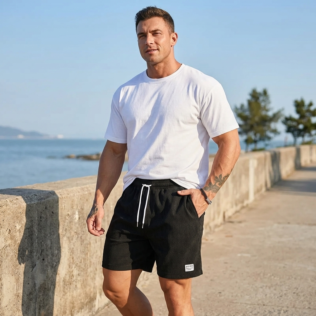 Men's swim shorts in Black with white t-shirt