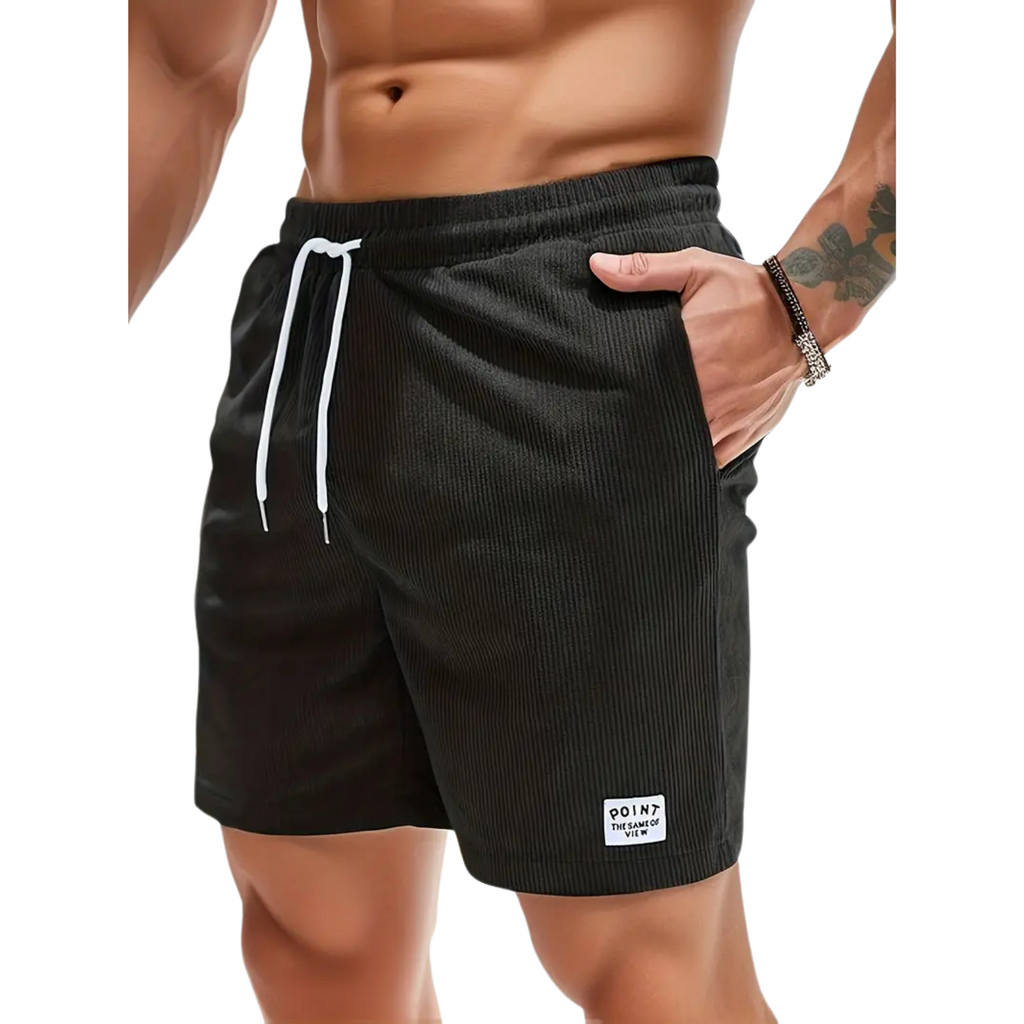 Black swim shorts elastic waist and drawcord, detail