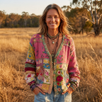 Milla boho patchwork knit jacket worn outdoors