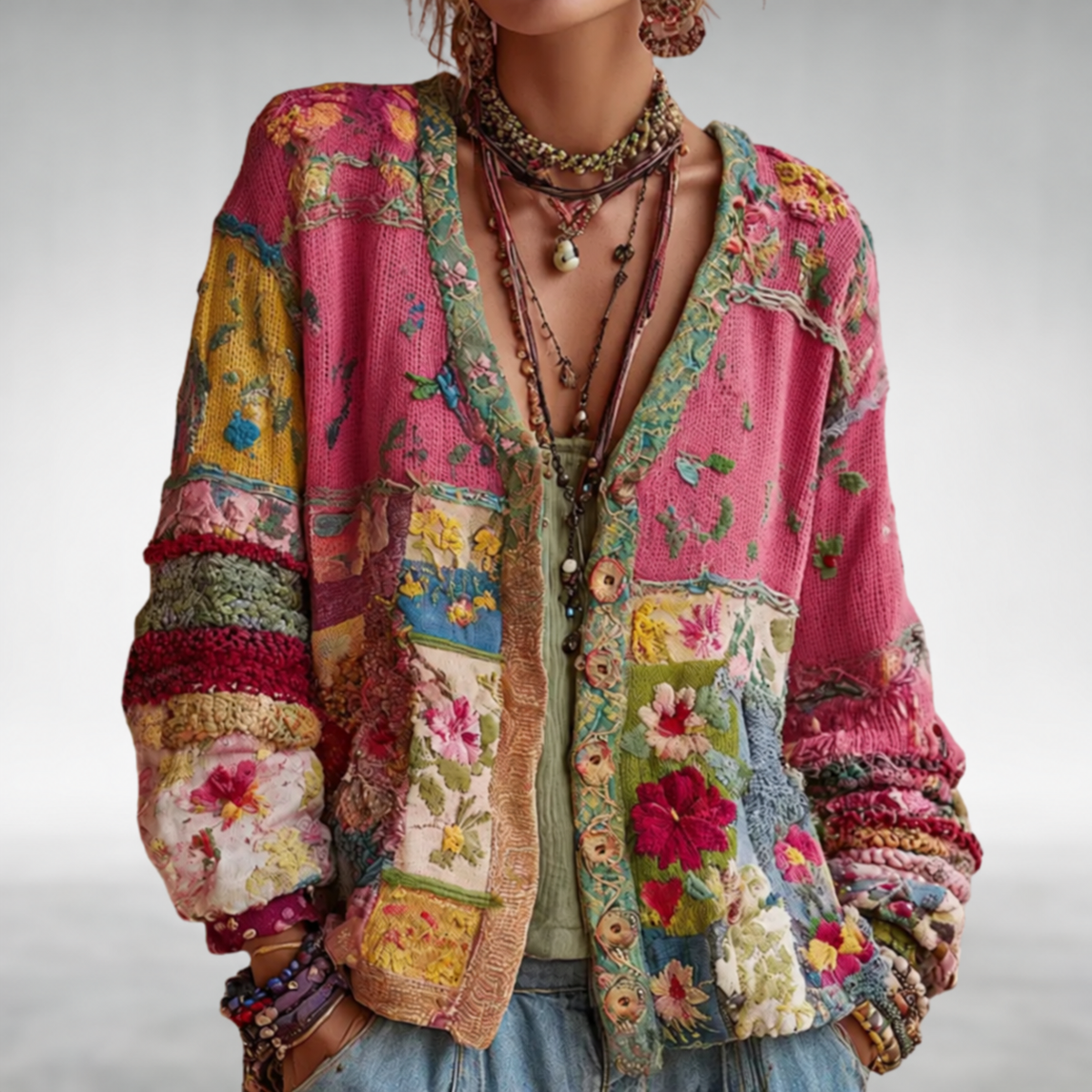 Milla colourful patchwork knit jacket front detail