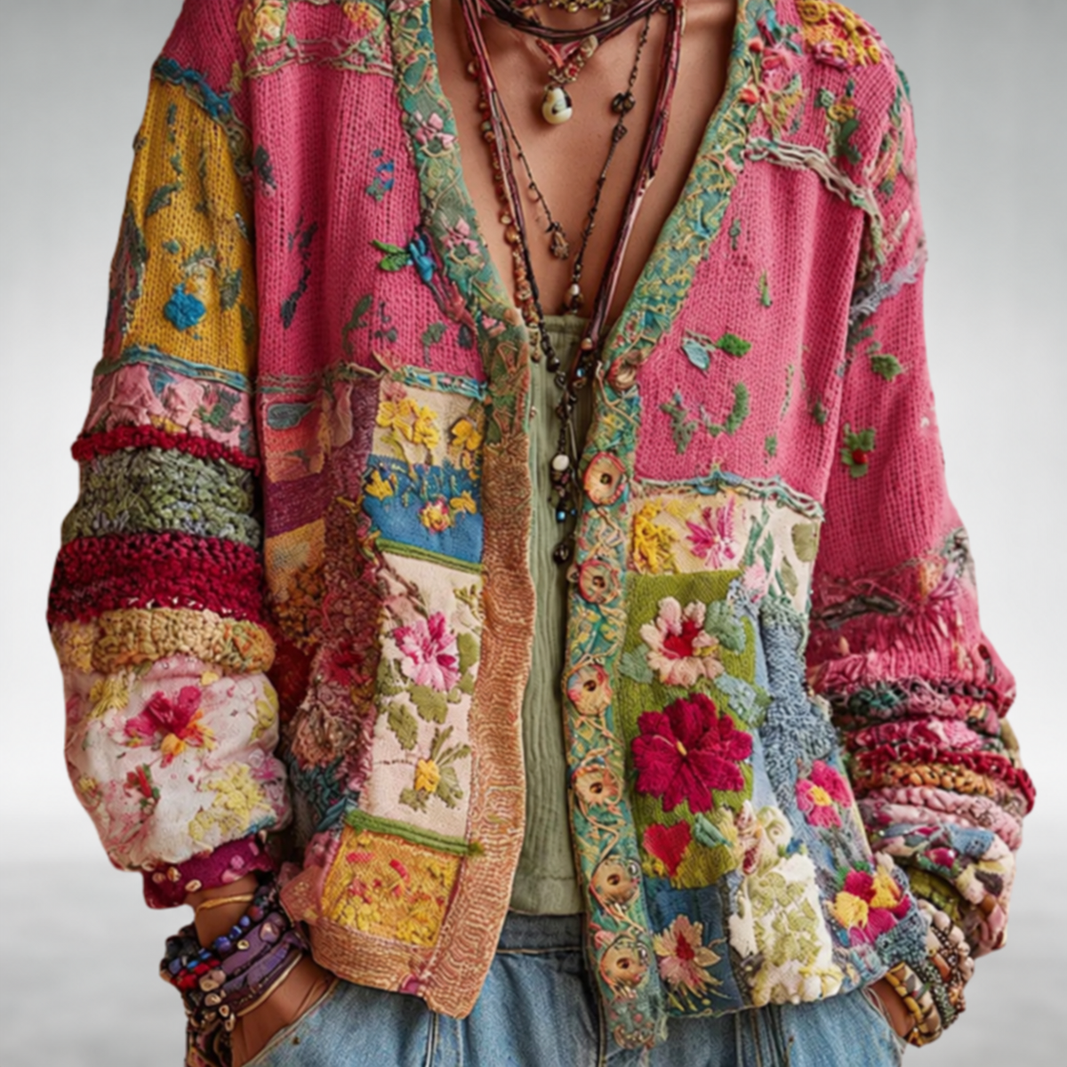 Milla floral patchwork knit jacket close-up