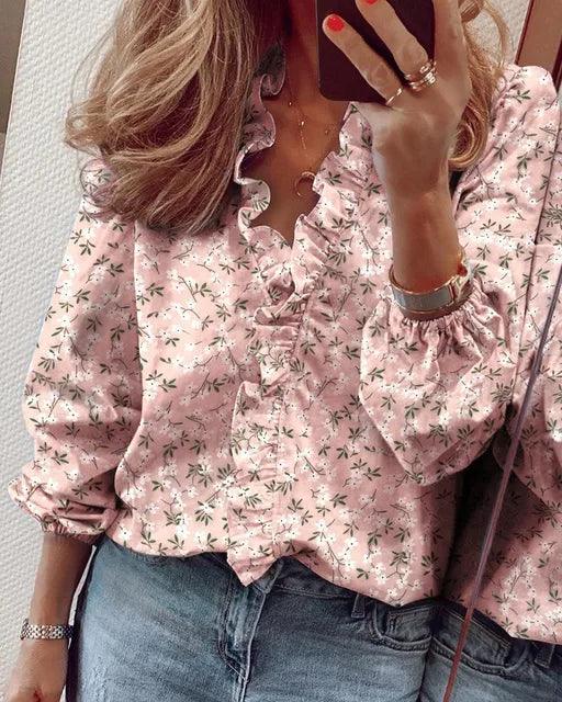 Frilly ruffle top in pink ditsy floral print