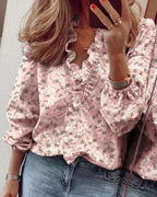 Frilly ruffle top in pink ditsy floral print